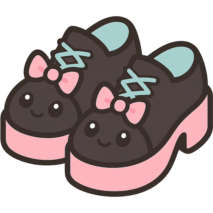 Make the shoes primarily black with pink and pastel accents, kawaii style, no socks, no hearts, transparent background emoji