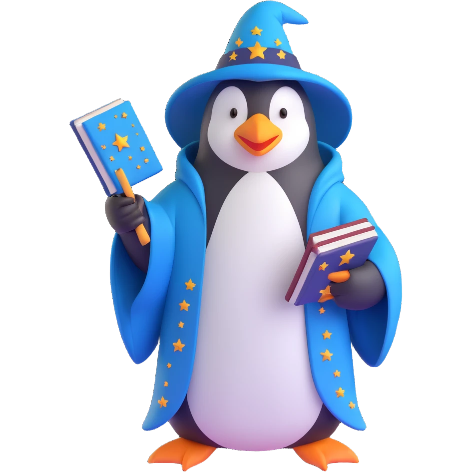 penguin wizard with a long beard, starry robe, and spellbook emoji