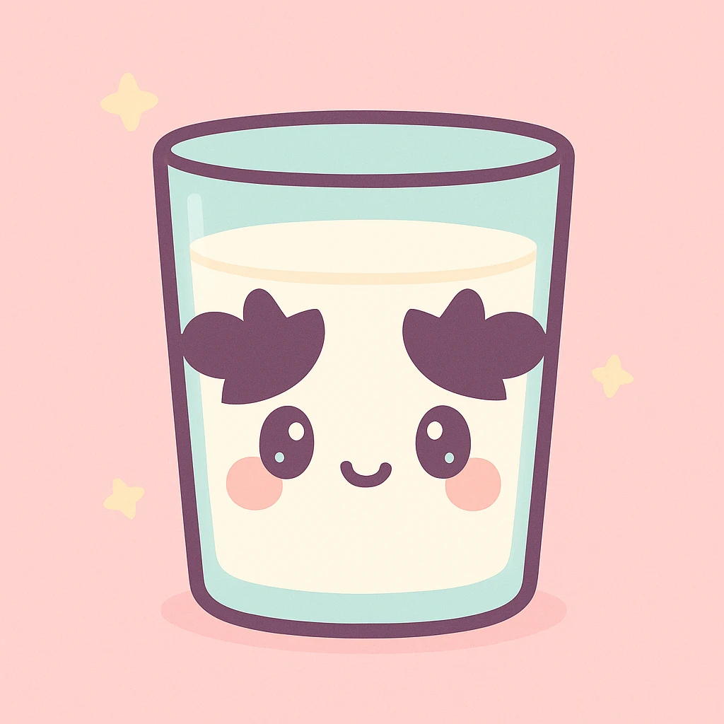 a glass of milk decorated with a cute cow face, kawaii style emoji