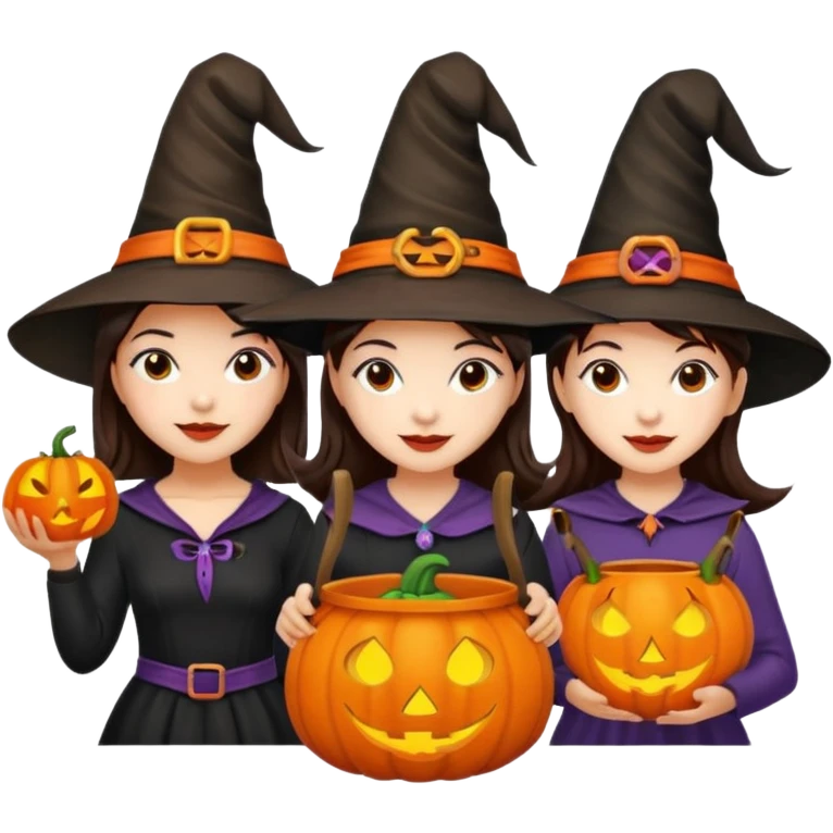 Three best girlfriends cute Halloween with dark brown hair. One African-American, one Asian, one Caucasian. emoji