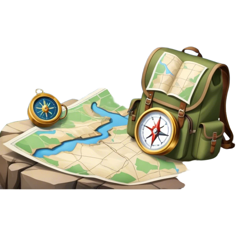 Icon for Expeditions: a compass, a map and a backpack with trekking gear, placed on a rugged mountain terrain with snow-capped peaks. The icon should evoke the spirit of adventure and discovery in remote, unexplored places. Transparent background. emoji