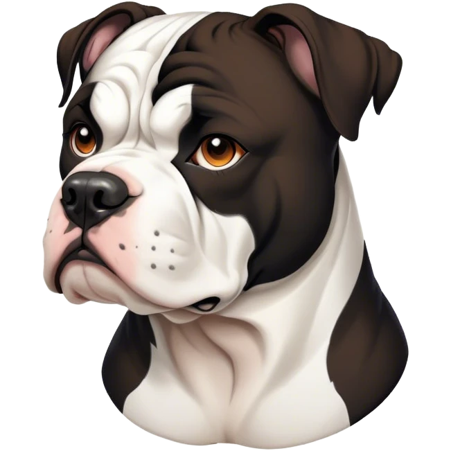 Cinematic Noble Black and White American Bulldog Portrait Emoji, Poised and regal, with a strong, muscular build and a striking black and white coat, deep-set soulful brown eyes, Simplified yet sharp and sophisticated features, highly detailed, glowing with a soft, dignified glow, high shine, intelligent and loyal, stylized with an air of strength, focused and attentive, soft glowing outline, capturing the essence of a watchful and confident guardian, so majestic it feels as though it could step out of the screen with effortless authority! emoji