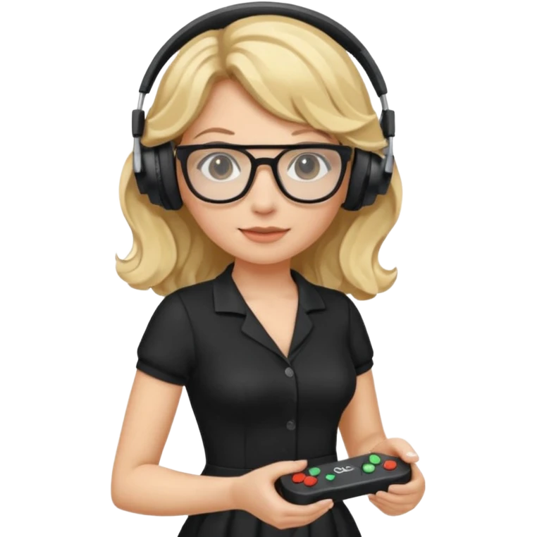 
gamer, woman with blond wavy hair, tight black dress with a white line with glasses, headphone, gamepad emoji