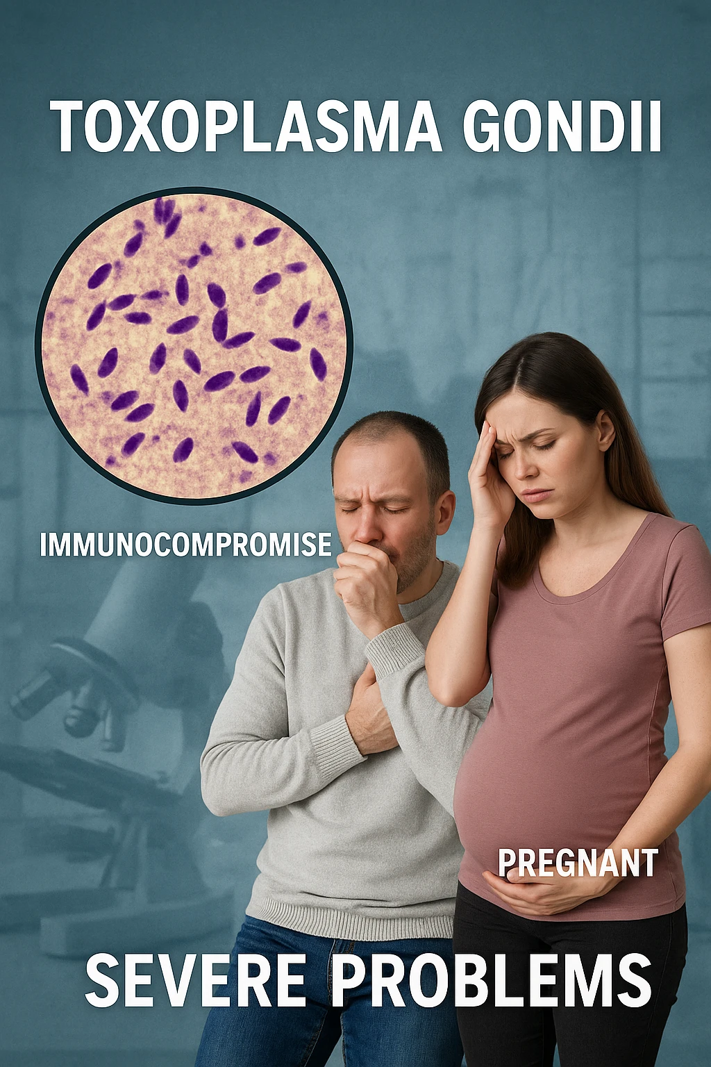 Toxoplasma gondii, infetta uomo immunodepresso e donne incinta. Causando gravi problemi tutto scritto in italiano immagine realistica emoji