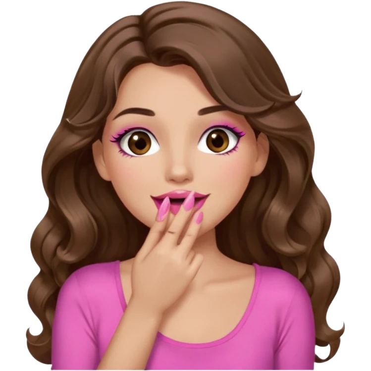girl with long wavy brown hair, brown eyes, long lashes makeup, sexy pink lips, light to medium complexion, wearing a pink sexy top, sexy, giggling hand covering mouth emoji