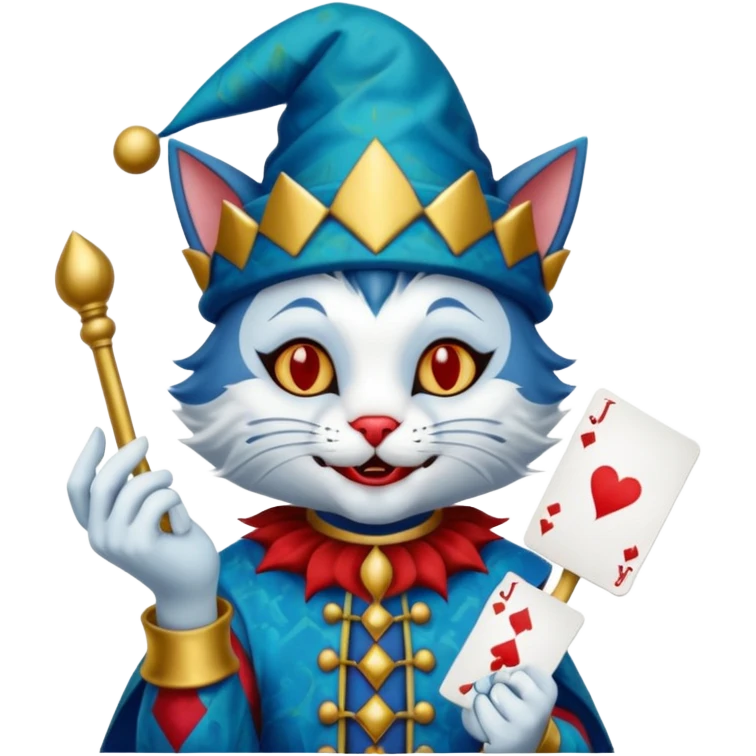 crazy colorful cute little cat jolly joker from poker, medieval, vintage, court jester, mac os icon, blue color, holds a single poker card emoji