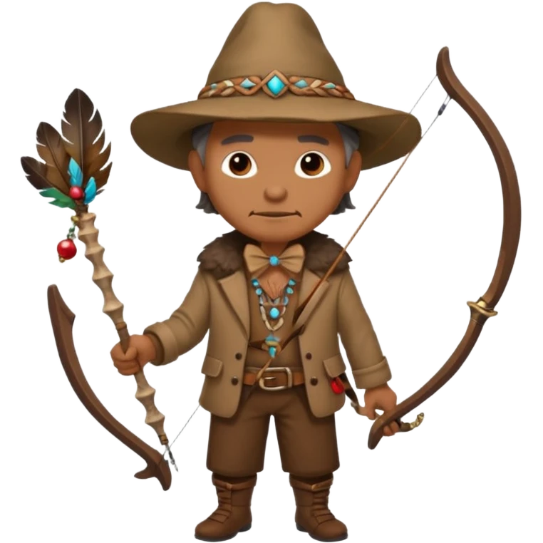 The classic image of a middle-aged uncle hunter carrying a bow, dressed in brown clothes, with some ornaments made of feathers, bones or teeth on his body. emoji