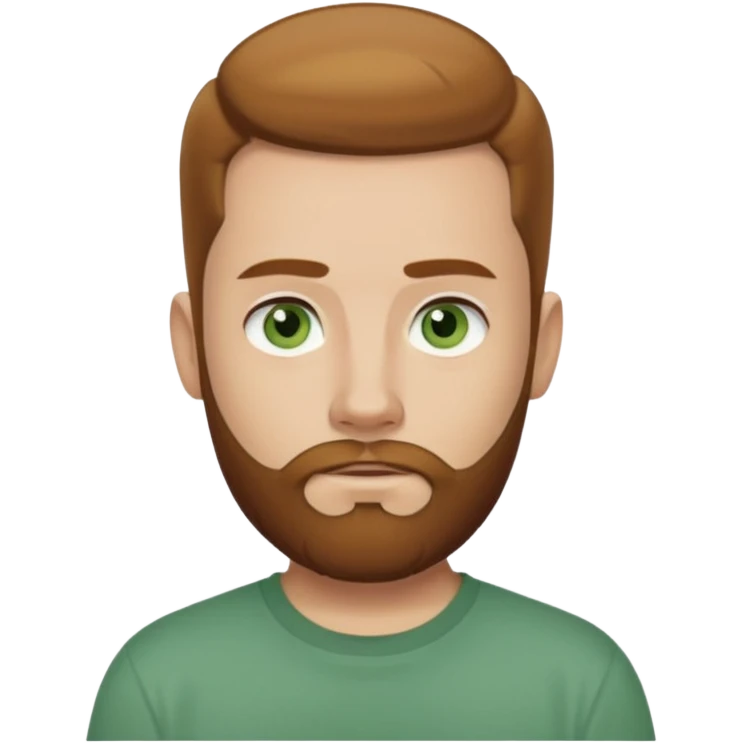 A young man with short light chestnut hair slicked back, a medium-length thick beard, and light green eyes. Fair skin, oval face, neutral expression. Wearing a dark t-shirt, plain light (white or gray) background. Shoulder-up front portrait. emoji