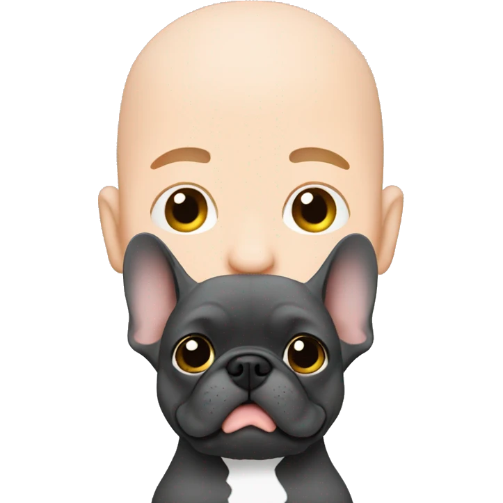 Bald man holding dark grey french bulldog  emoji