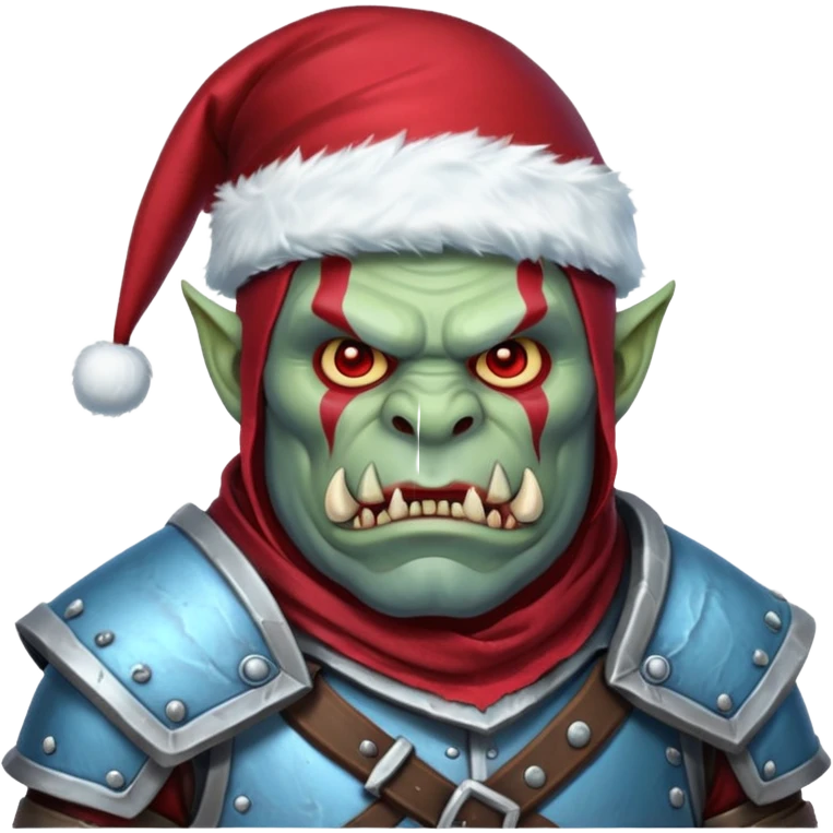 
Fantasy Christmas orc legion soldier icon, iron tundra army theme, heavy winter armor, disciplined brutal look, icy blue steel armor with deep crimson accents, frozen metal texture, cold winter atmosphere, male variant emoji