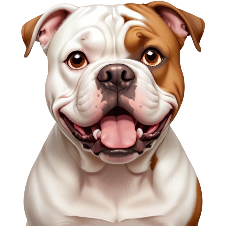 Cinematic Comical White and Brown American Bulldog Portrait Emoji, Head tilted dramatically with an exaggeratedly shocked or offended expression, short white fur with bold brown patches, wide, expressive brown eyes filled with exaggerated disbelief, Simplified yet hilariously expressive features, highly detailed, glowing with a slightly sassy glow, high shine, dramatic yet playful, stylized with an air of attitude, bright and endearing, soft glowing outline, capturing the essence of a sassy and over-the-top pup, so meme-worthy it feels like it could side-eye its way into internet fame instantly! emoji