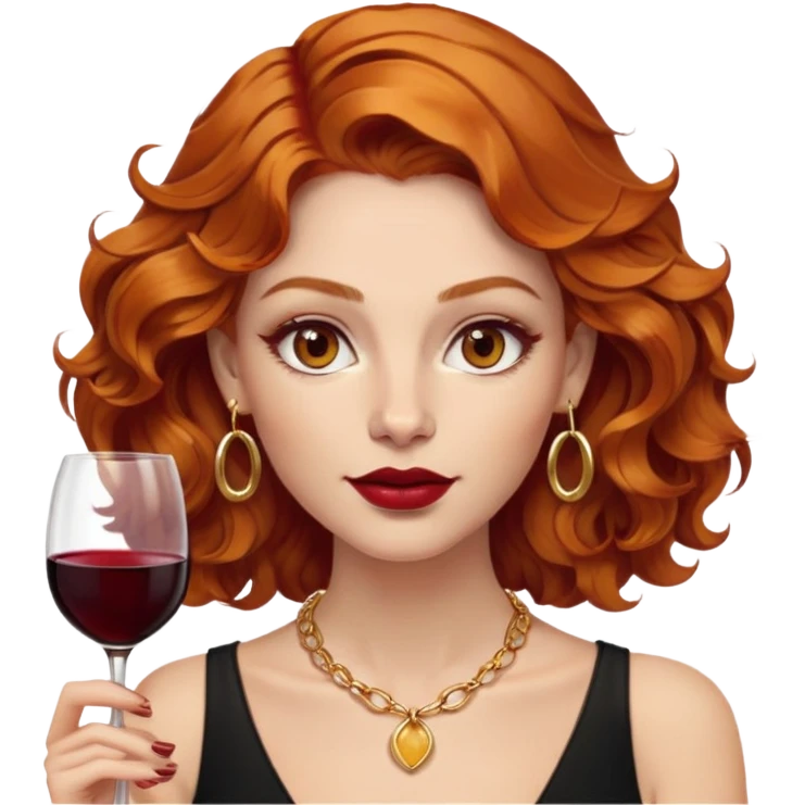 Woman, wavy ginger hair, light brown eyes, hoop gold earings, gold necklace and wine read lip emoji
