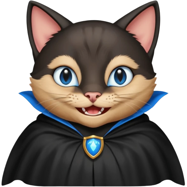 an all black anthropomorphic cat with blue eyes wears an all black cape and is smiling a mischievous sharp tooth grin emoji