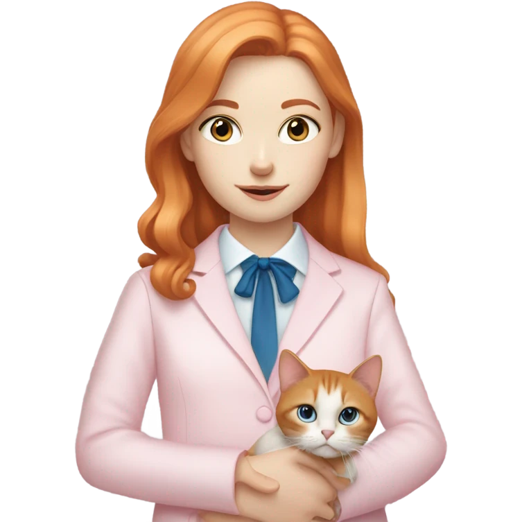 A ginger pale girl with blue eyes wearing a light pink long sleeve shirt holding a tuxedo cat with a pink nose emoji