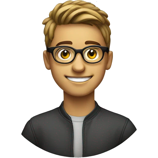 younman of about 20 years old programador with circular glasses, smiling and strai emoji