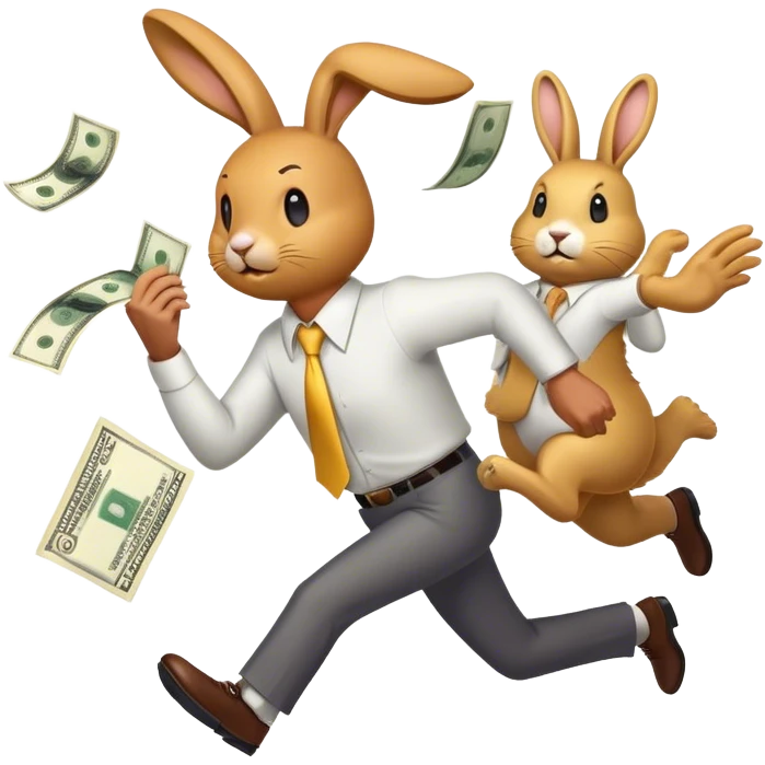 Design an emoji of a stressed-out business owner chasing a golden rabbit holding a dollar bill. The entrepreneur looks exhausted, sweating, and running endlessly, as if stuck in an infinite loop emoji