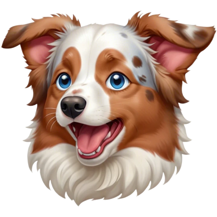 Cinematic Cute Yawning Predominantly White Red Merle Australian Shepherd Portrait Emoji, Head tilted slightly with a dramatic, wide-open yawn, predominantly white fur with hints of red merle, floppy ears slightly drooping, round blue eyes barely open in drowsy contentment, Simplified yet irresistibly adorable features, highly detailed, glowing with a soft, cozy glow, high shine, relaxed yet expressive, stylized with a touch of whimsy, bright and endearing, soft glowing outline, capturing the essence of a sleepy yet affectionate pup, so drowsy it feels like it could stretch right out of the screen and curl up for a nap! emoji