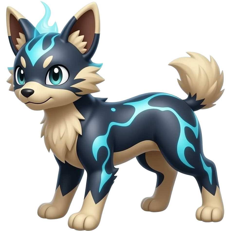 Digitigrade elemental realistic pretty elegant sleek shiny patterned quadrupedal Randomly patterned Shinx-Pyroar-Houndour-Arcanine-Electrike-Fakémon-Digimon-animal-hybrid, full body, short fluffy tuft nub-tail emoji