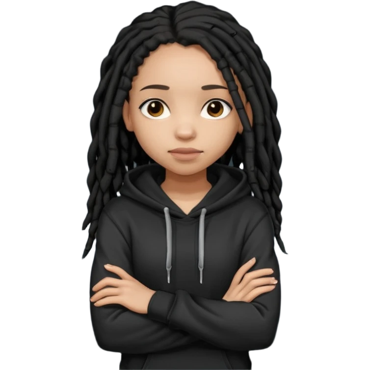 African American light skin girl with shoulder length black dreadlocks wearing a plain black hoodie with arms folded emoji