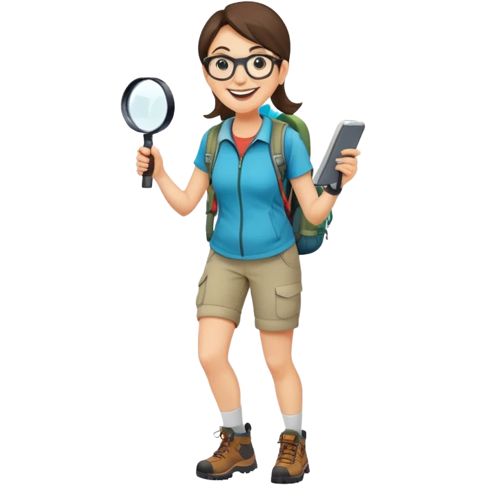Extremely happy joyful woman in her late 30s with glasses wearing sporty outfit, hiking boots, and backpack, holding a magnifying glass with big smile emoji