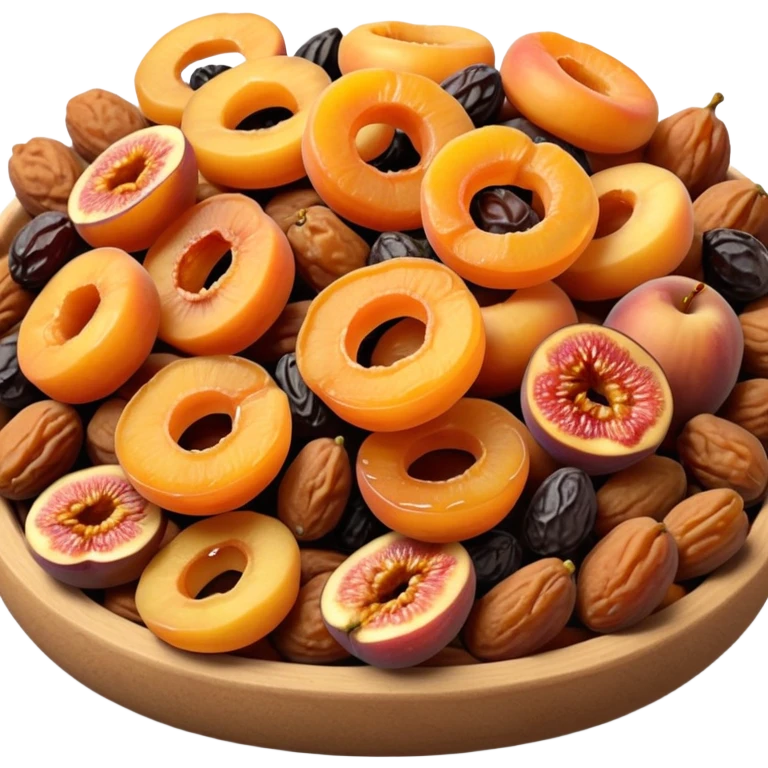neat pile of dried fruits apricots figs dates raisins apple rings, realistic textures, warm colors, slight wrinkling, 3D-rendered, clean minimalist, soft shadows, gentle highlights, no anthropomorphic features, no bowl or tray, transparent background, emoji scale emoji
