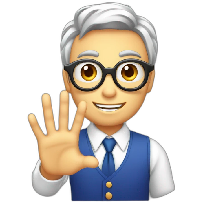 hex color of eyes #f0c13d, hex color of face #ddb57c, face without eyeglasses, young blogger says hi raising his hand, camera in one hand emoji