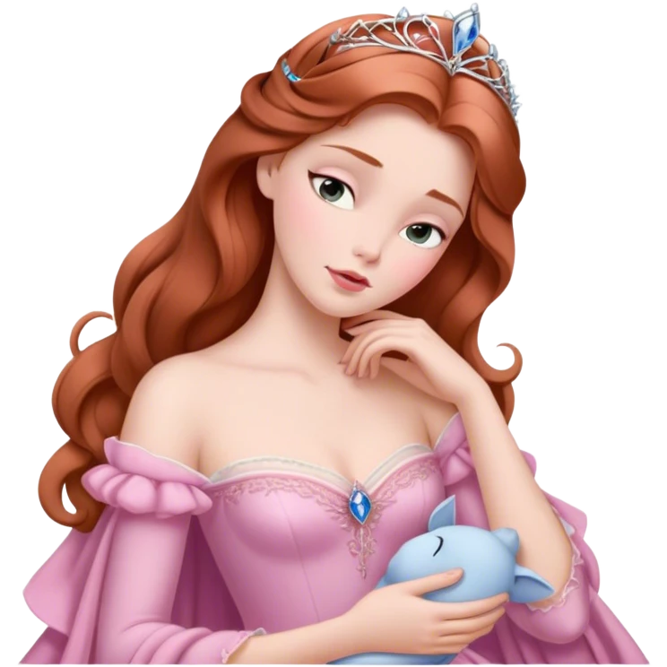 Cinematic Elegant Sleeping Beauty Portrait Emoji, rendered in a realistic, vector-style with minimal shading and bold, simplified shapes. Depict Aurora (Sleeping Beauty) (chest and above) with delicate porcelain skin, soft auburn hair styled gracefully, and gentle, dreamy eyes, dressed in her classic pink gown. The image glows with a soft, enchanting radiance and high shine, capturing timeless regal beauty. emoji