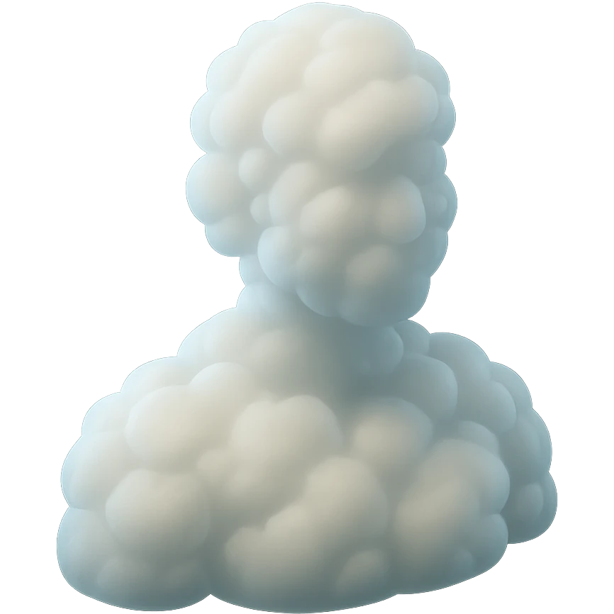 person made entirely of white fluffy convex clouds, shoulder up, front view, matte glass style, no background emoji