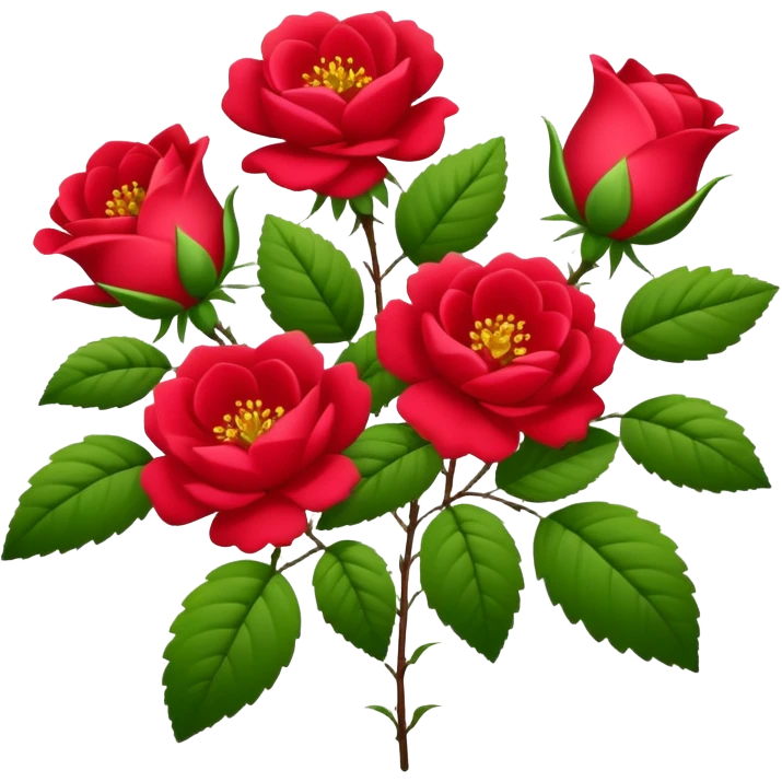 A lush green bush adorned with red wild roses, flourishing in the summer emoji