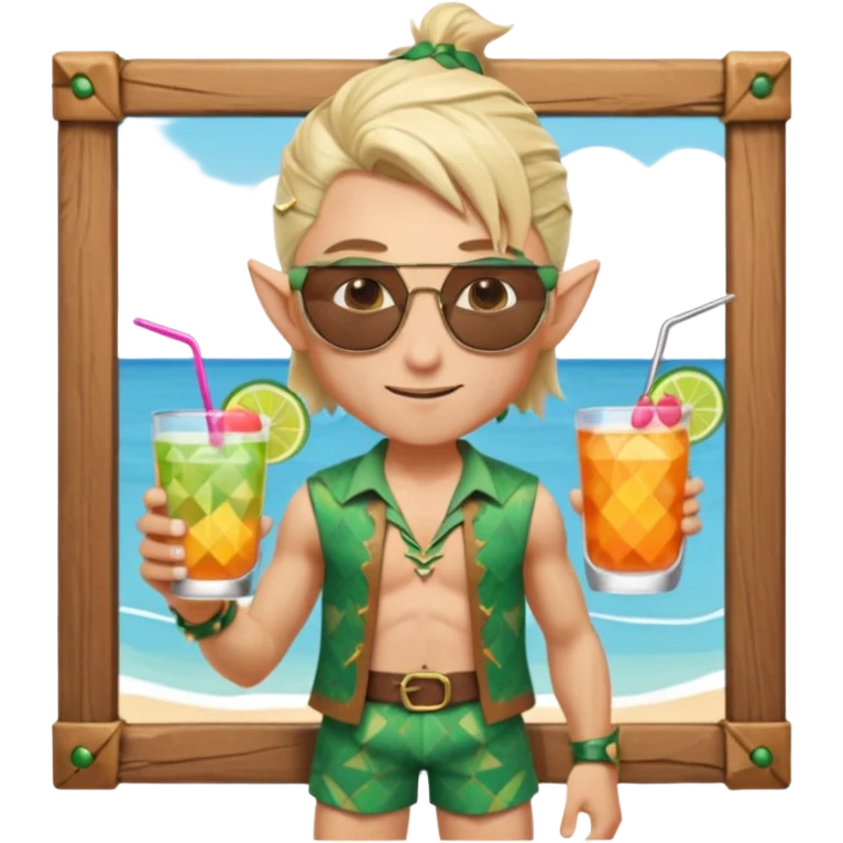 elf male legolas portrait, patterned board shorts (geometric/abstract), unique wooden-framed sunglasses, undercut hairstyle, slight smirk, visible pointy ears, no background, centered emoji, hipster summer vibe coctails emoji