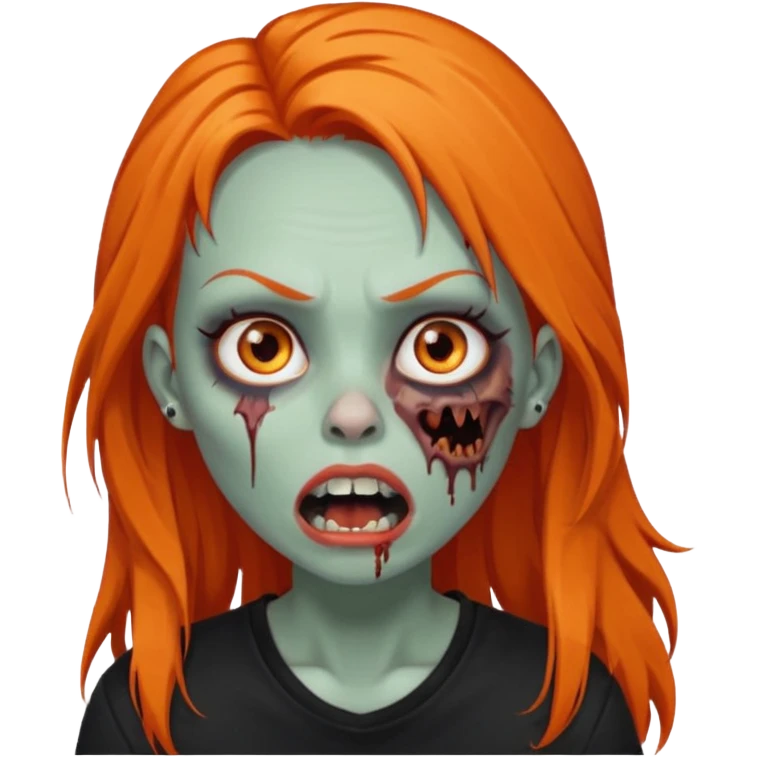 Faça uma zumbi feminina com cabelos longos e laranja, deve estar vestindo uma camisa preta e ter seus olhos castanhos escuro, não esqueça de colocar a sombrancelha da cor do cabelo e faça ela abrir um pouco a boca como um zumbi e adicione um piercing em seu nariz  emoji
