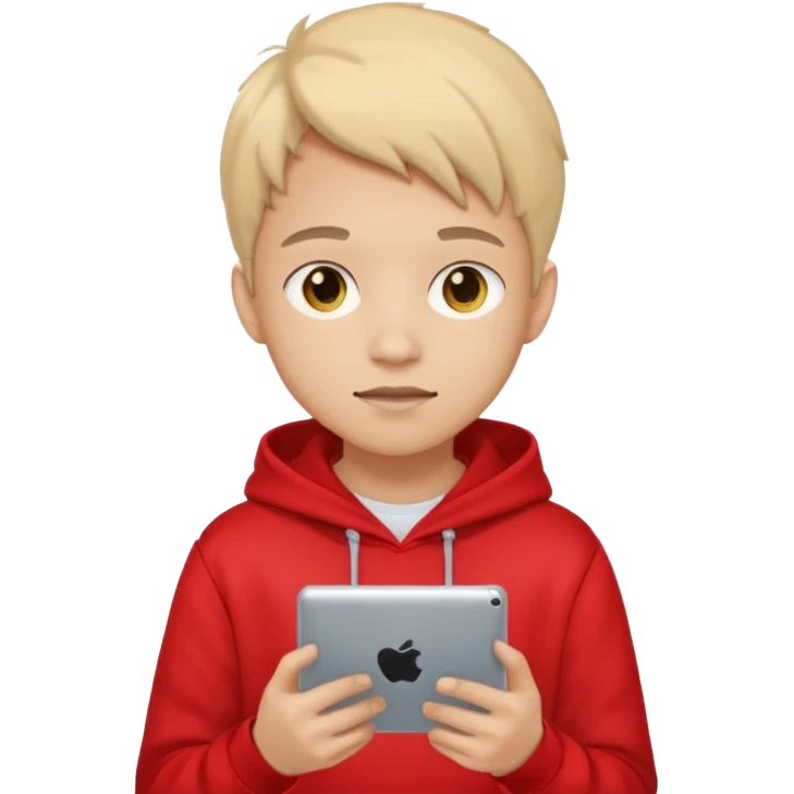 Teen gaming on tablet, red hoodie emoji
