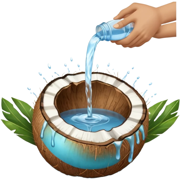A whole coconut with water being poured over it with hands cupping water emoji