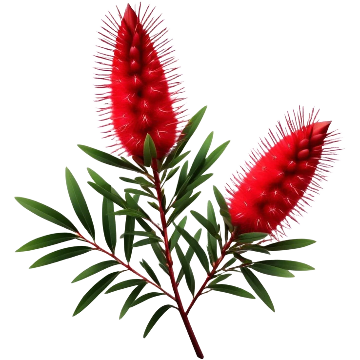 Cinematic Realistic Callistemon Emoji, Vibrant and striking, with spiky red flowers resembling a bottlebrush. The slender leaves create a fine backdrop to the bold blooms, while the plant exudes energy and vitality. Soft glowing outline, capturing the essence of strength, color, and natural beauty in a brilliant callistemon tree! emoji