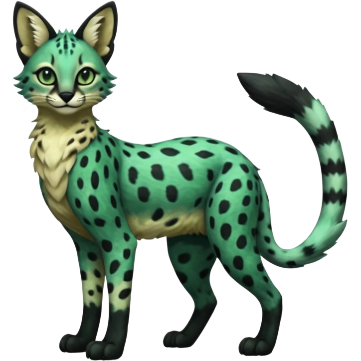 Epic complex detailed dark-deep-green, black, realistic aesthetic-scenic-Fakémon-Sprigatito-Floragato-Meowscarada-Trico-Sergal-Serval-Vernid-creature (full body) emoji