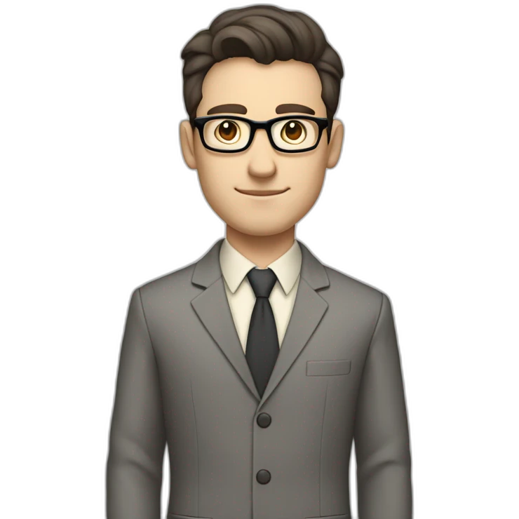 Full height Pale skinned Fit Man With dark brown hair in classic gray suit, beige office shirt, dark gray tie, and vintage glasses. His hands lock emoji