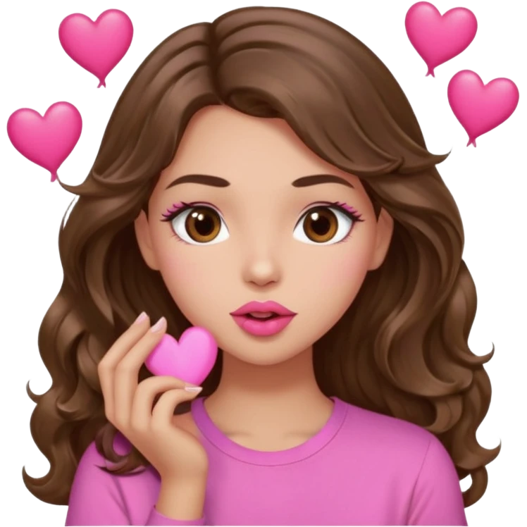 girl with long wavy brown hair, brown eyes, light to medium complexion, in a pink shirt, pink lips, long lashes, puckering up for a kiss, kiss lips and hearts in hand emoji