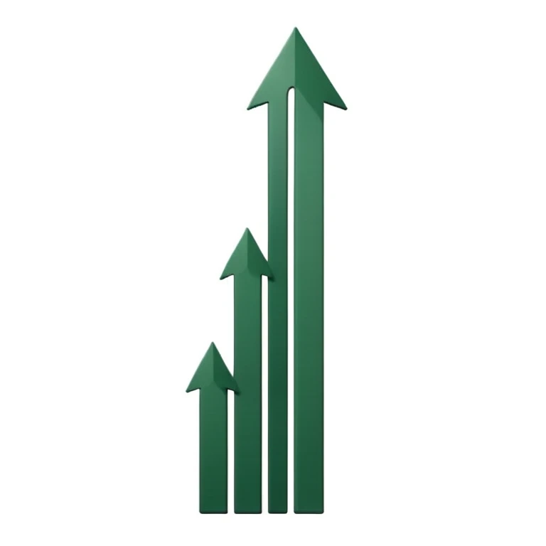 growth chart with white bars having dark green shadows and details, dark green arrow, minimalism, iOS emoji style, no smileys or faces, white background emoji