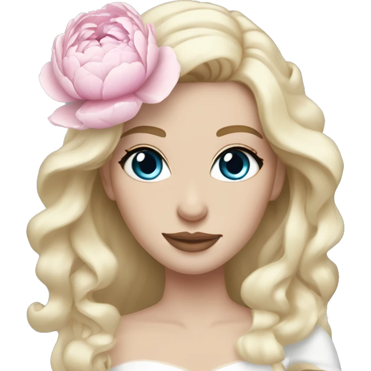White bride with long light blonde hair and blue eyes with light pink peonies in hair white skin  emoji