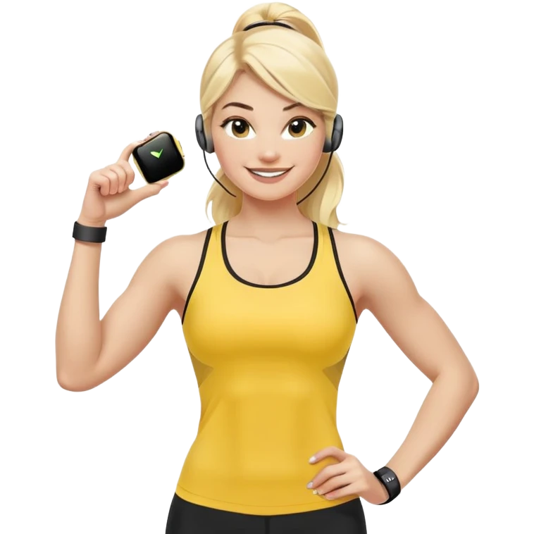 Sporty blonde woman in yellow top and black leggings, showing bicep, smiling, with wireless earbud and Apple Watch emoji