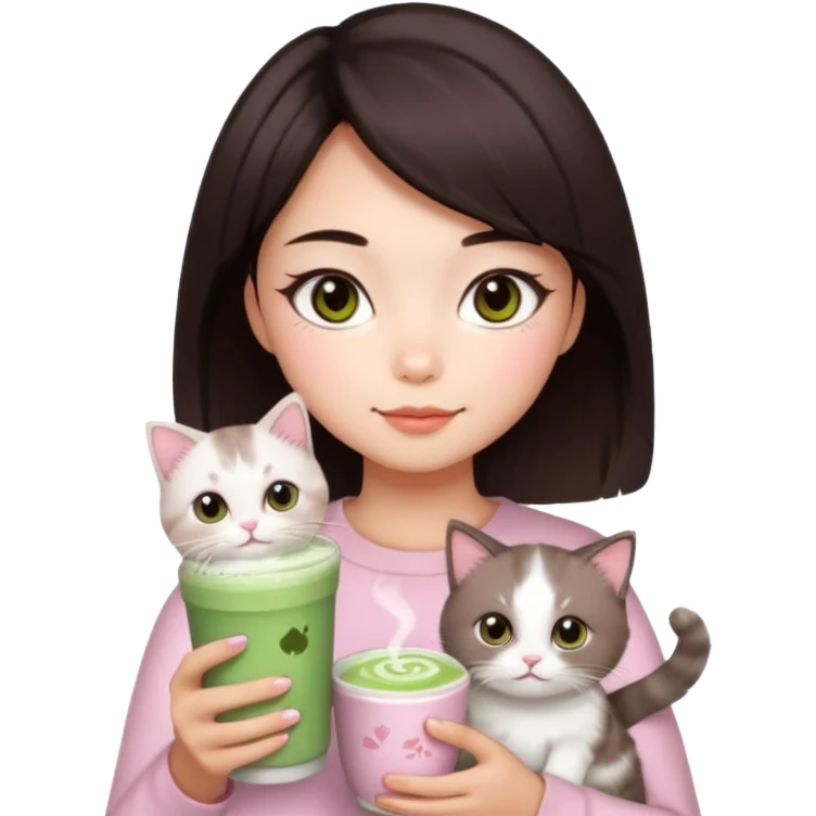 asian girl with short dark brown hair and dark brown eyes with a soft girl pink glowup aesthetic, matcha latte, 2 ragdoll cats, and sparkles emoji