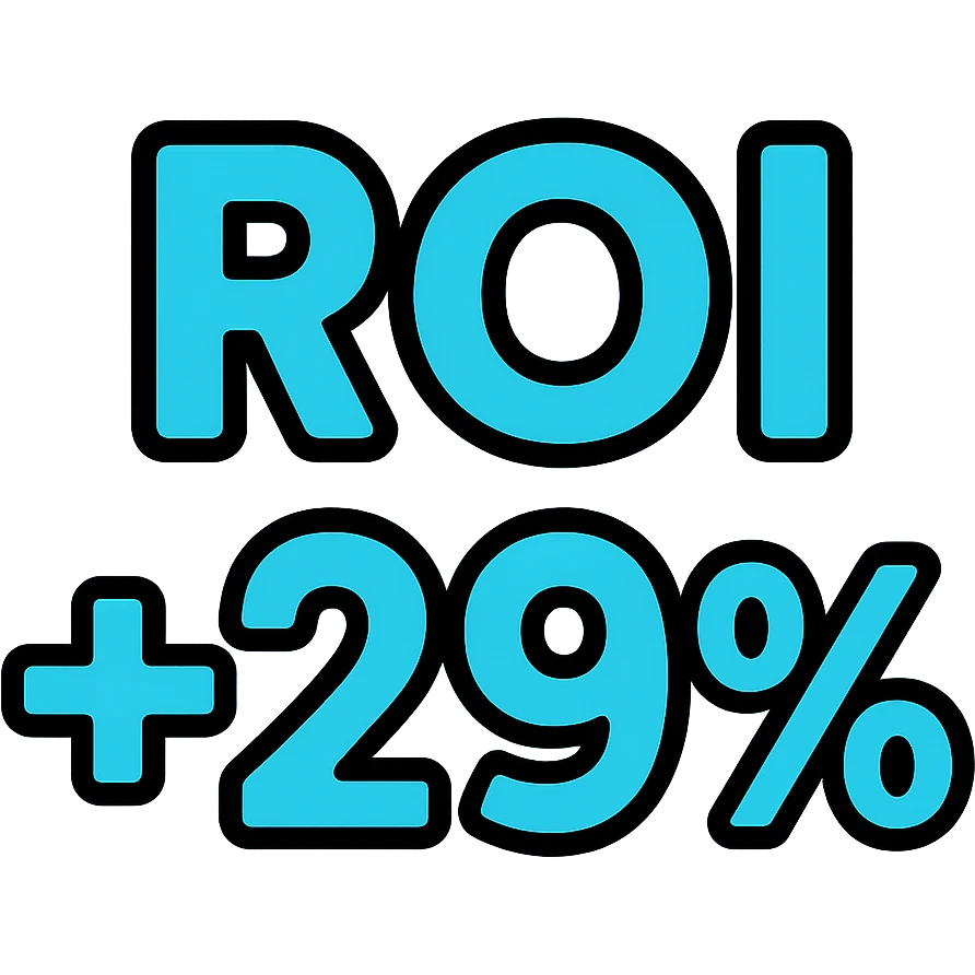 text 'ROI +29%' in bold font, cyan blue color, lineal color icon style with black outlines emoji