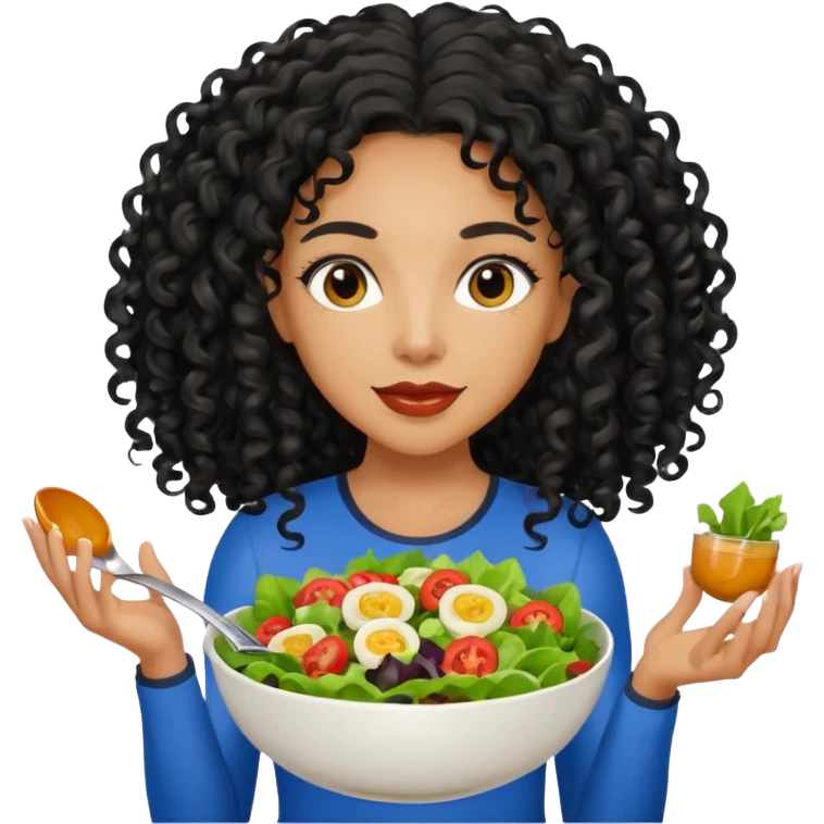Mixed-race athletic woman with caramel skin, long black curly hair, holding a bowl of salad, pastel background emoji