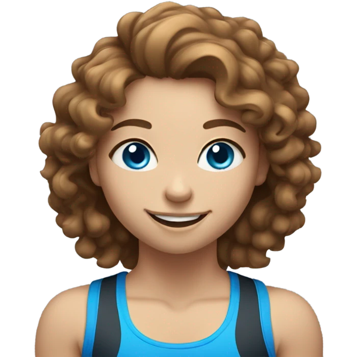 smiling girl weightlifting with fair skin, long brown curly hair and blue eyes emoji