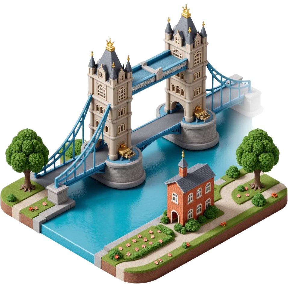Isometric illustration of London, featuring photorealistic Tower Bridge over a section of river, highly detailed in semi-realistic style with sharp outlines, subtle brick and metal textures, soft shadows, balanced between stylized and realistic, 3D miniature effect, transparent background. emoji