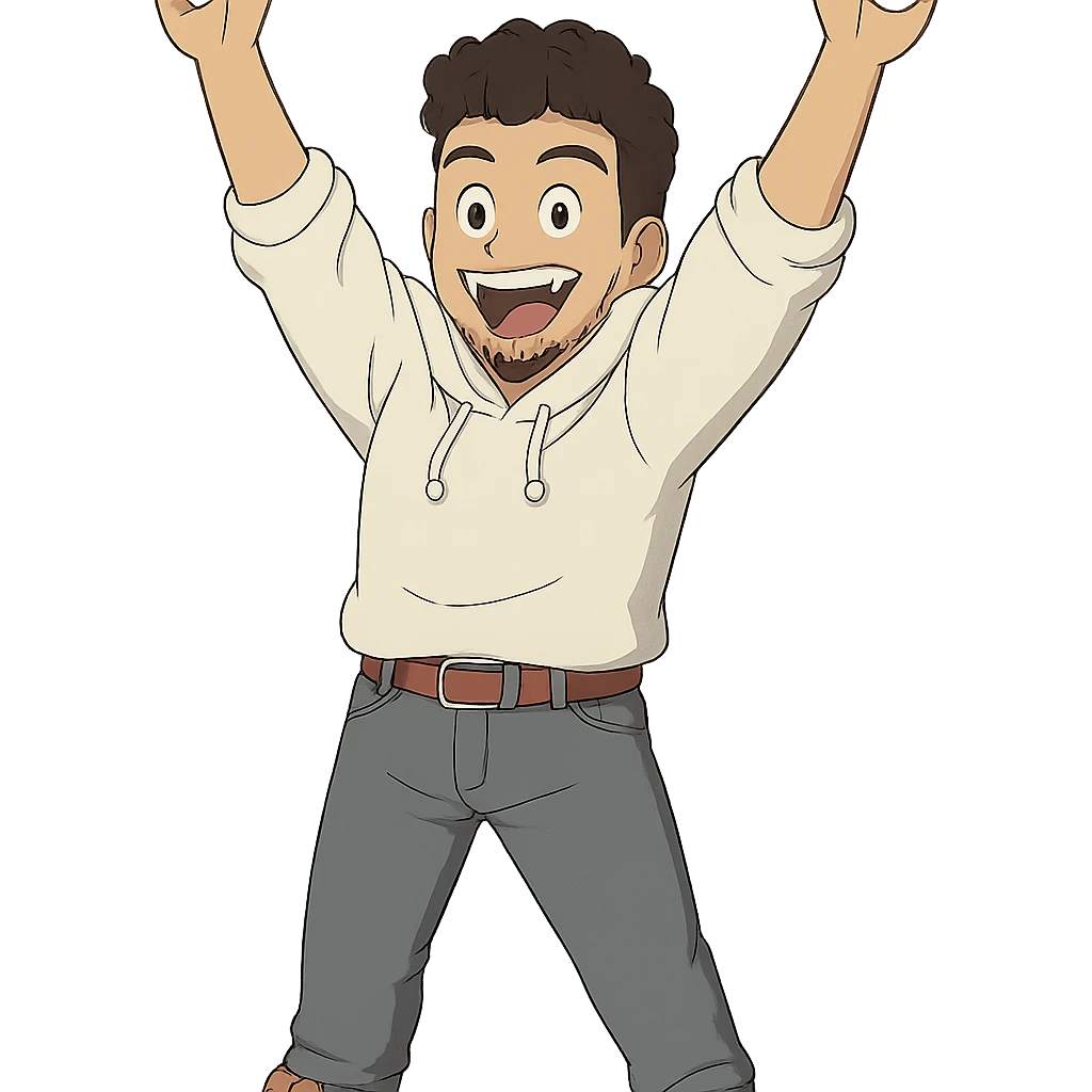 1 male, mid fade haircut dark chestnut brown curly hair, toasted lightskin, white hoodie sleeves up, gray fashion jeans, red fashion-sneakers shoes, red belt, short trimmed beard and goatee,  style of deku from "my hero academia",  doing a pose for a "happy" emote for twitch emoji