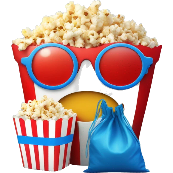 Emoticon smiley circle with red and blue 3D glasses and small bag of popcorn to the side emoji