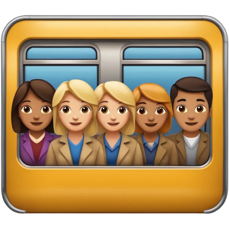 five happy people, mixed genders, friendly and close, inside a subway car similar to Apple emoji subway, Apple emoji style emoji