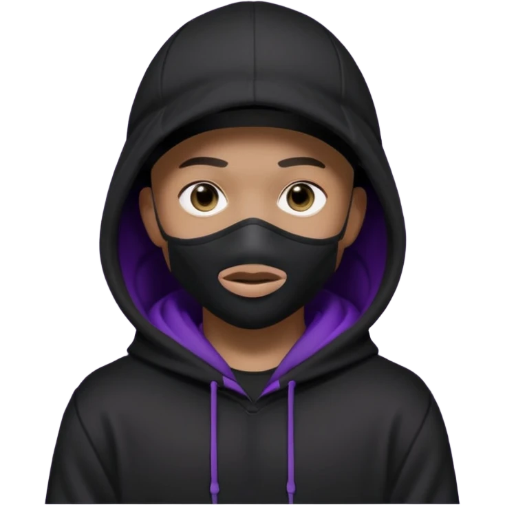 Cartoon blacked character related to a shadow, with all black clothes, focusing a hoodie with his cap on and a black facemask, no visible face because of the darkness, just his purple shadow eyes making a light bloom emoji