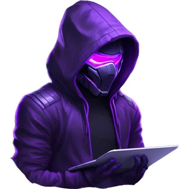 Side view developer behind his laptop with this style : crysis Cyberpunk Valorant neon glowing bright purple character purple violet black hooded assassin themed character emoji